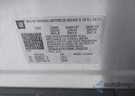 2021 Chevrolet Equinox Awd Lt z USA, uszkodzony, nr VIN 3GNAXUEV9ML356233